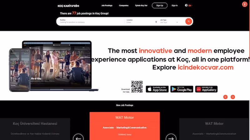 Screenshot of the official career page of Koc Holding
