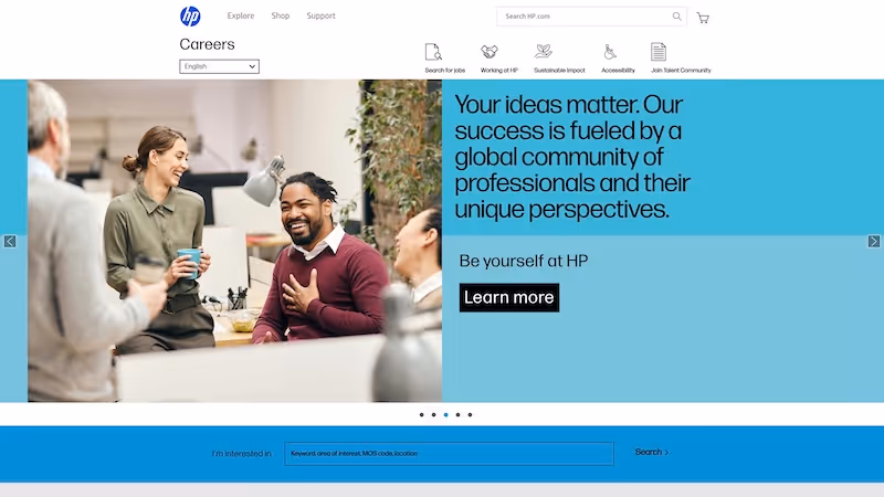 Screenshot of the official career page of HP