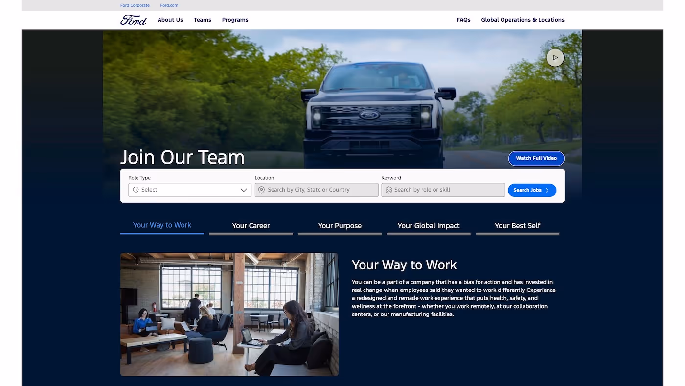 Screenshot of the official career page of Ford Motor