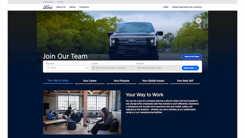 Screenshot of the official career page of Ford Motor