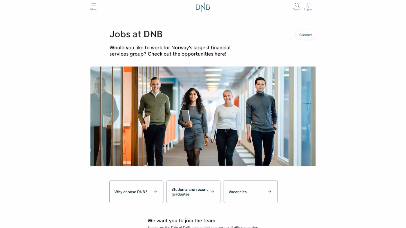 Screenshot of the official career page of DNB Group