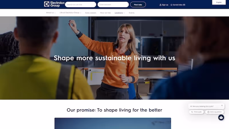 Screenshot of the official career page of Electrolux Group