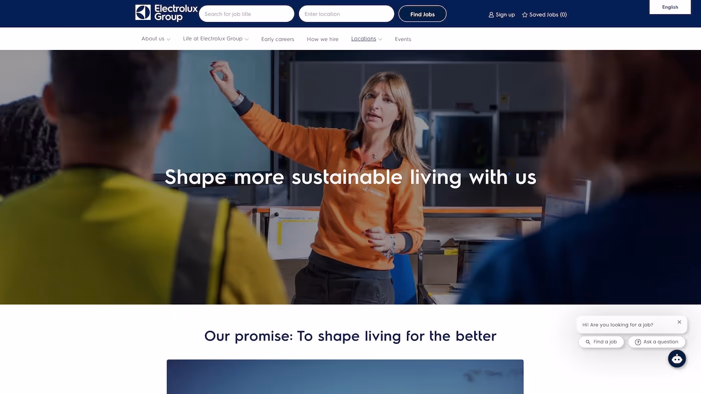 Screenshot of the official career page of Electrolux Group