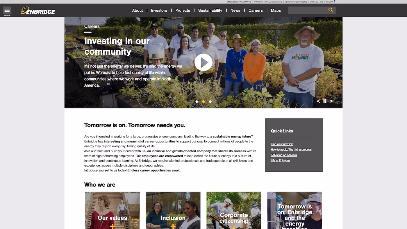 Screenshot of the official career page of Enbridge