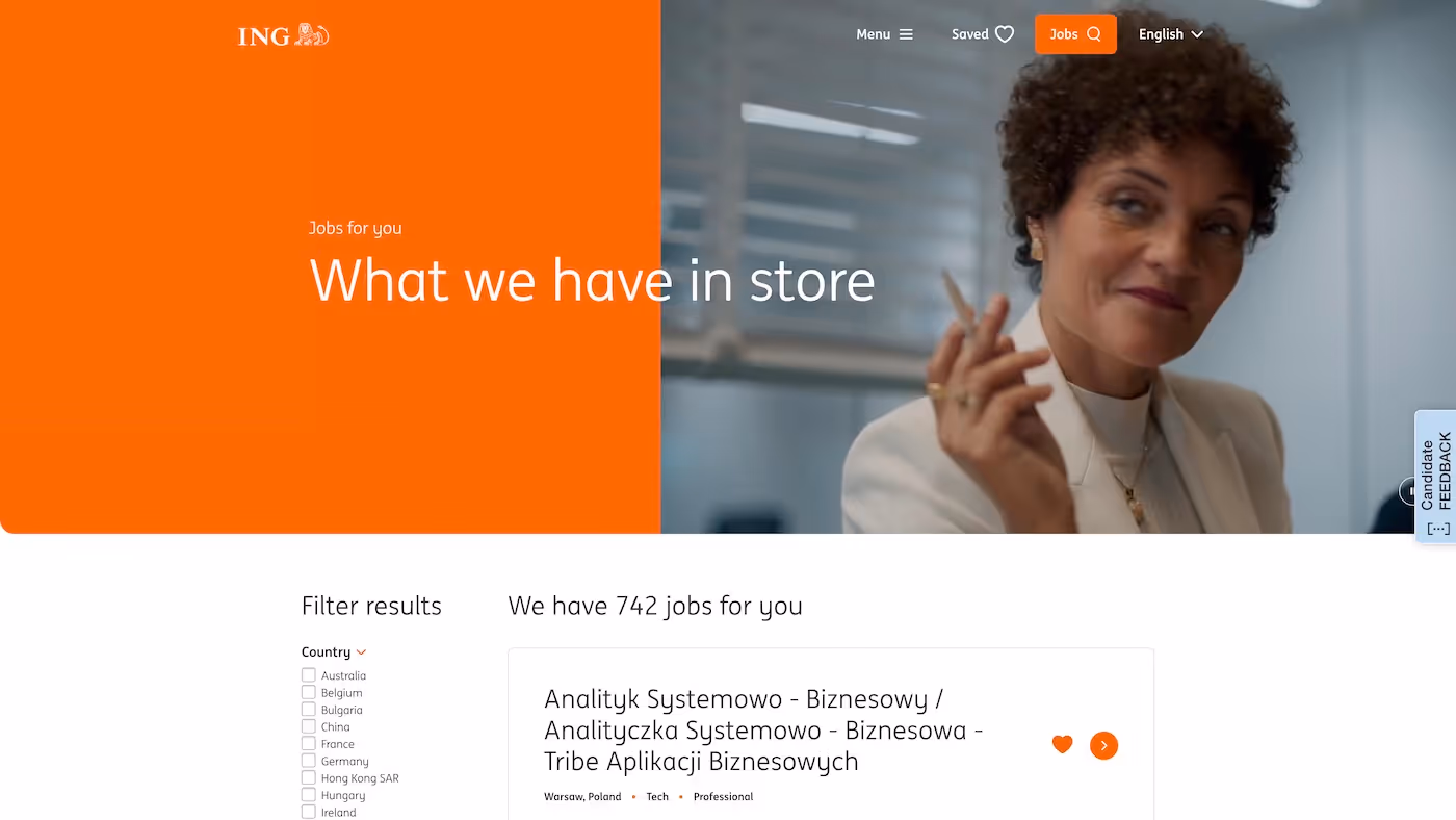 Screenshot of the official career page of ING