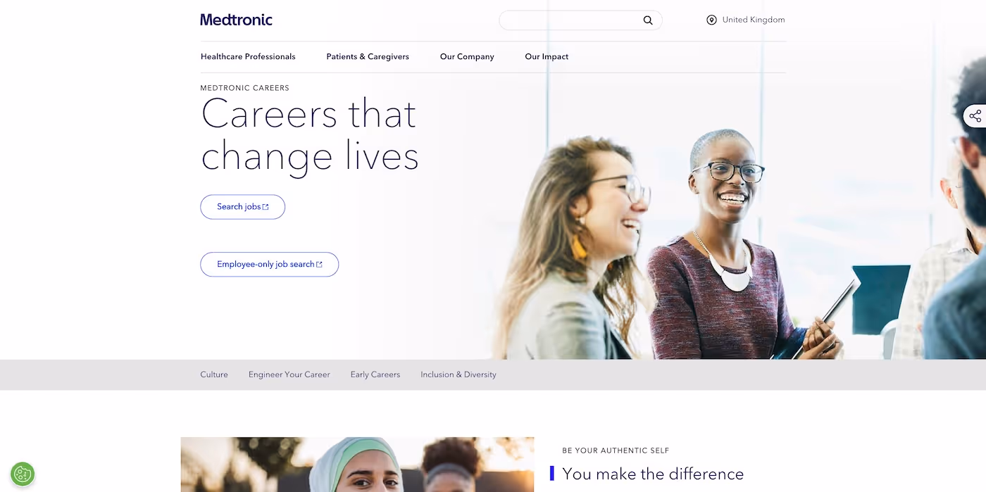 Screenshot of the official career page of Medtronic