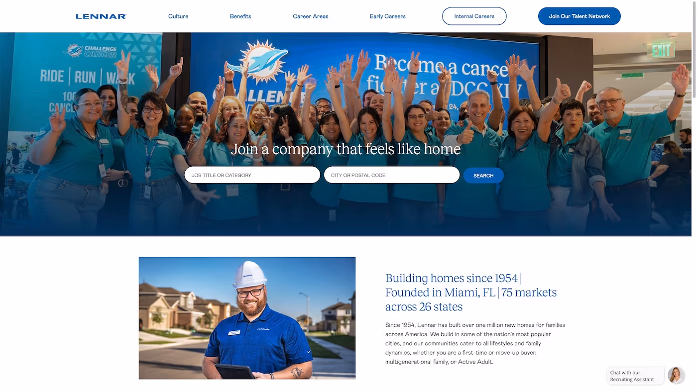 Screenshot of the official career page of Lennar