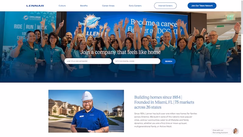 Screenshot of the official career page of Lennar