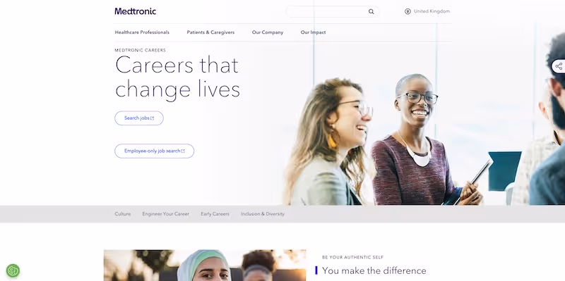 Screenshot of the official career page of Medtronic