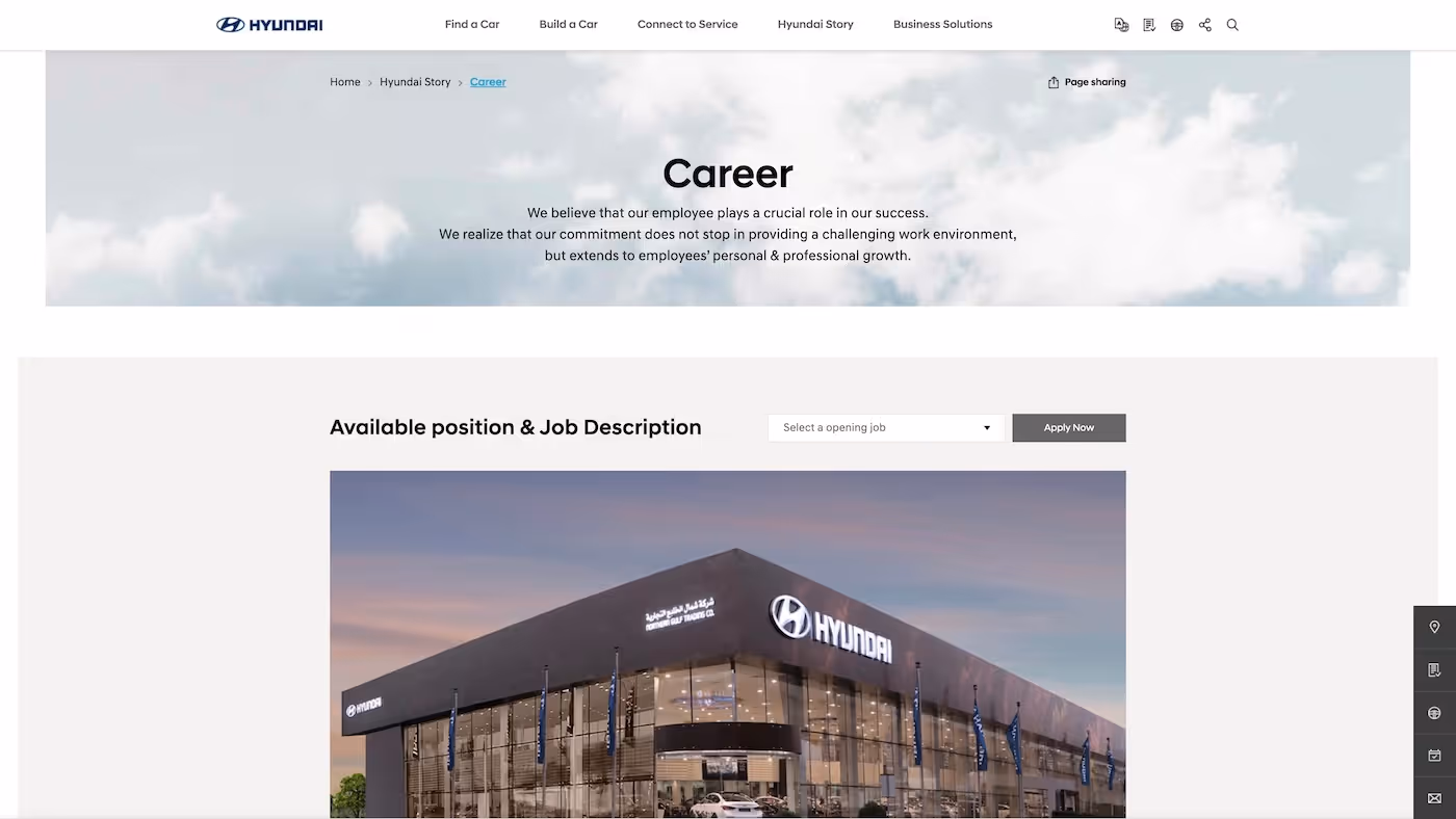 Screenshot of the official career page of Hyundai Motor