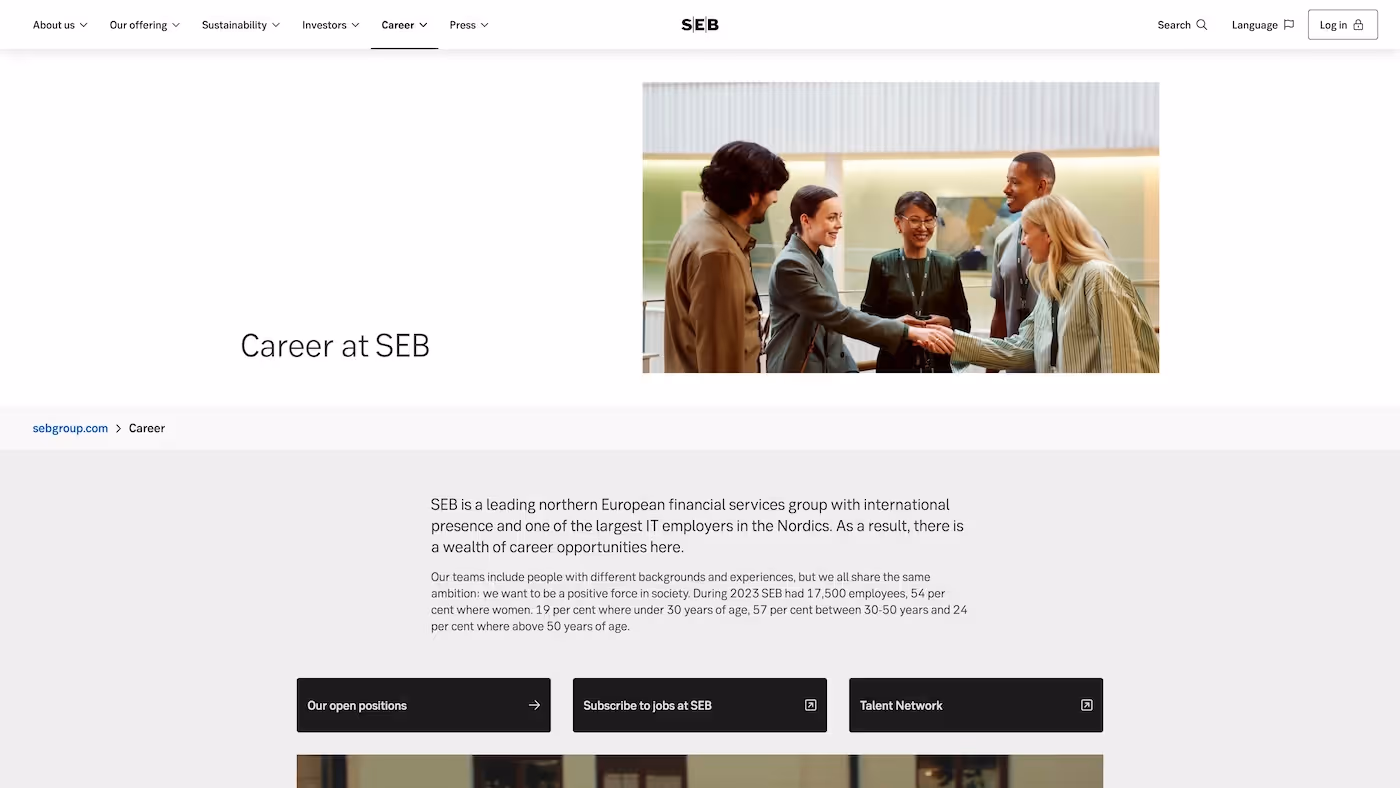 Screenshot of the official career page of SEB Group