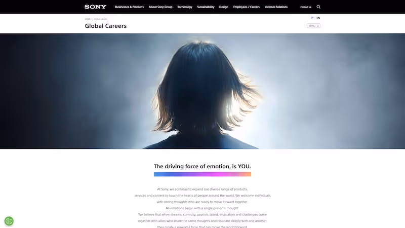 Screenshot of the official career page of Sony