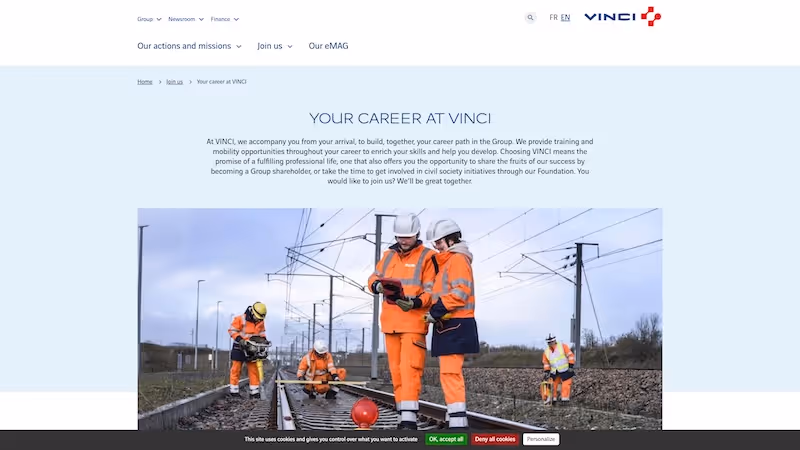 Screenshot of the official career page of Vinci