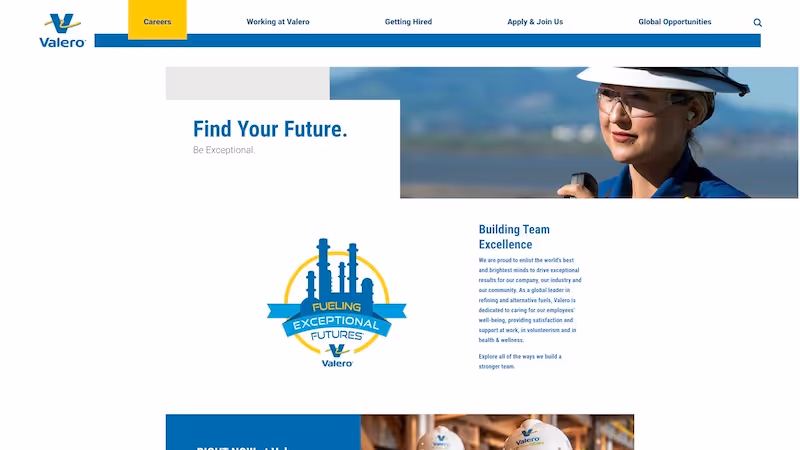 Screenshot of the official career page of Valero