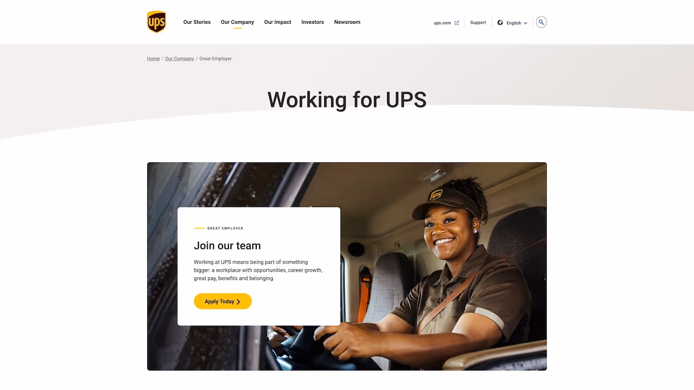 Screenshot of the official career page of United Parcel Service