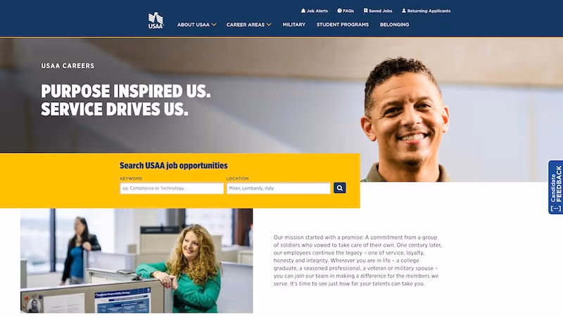 Screenshot of the official career page of USAA