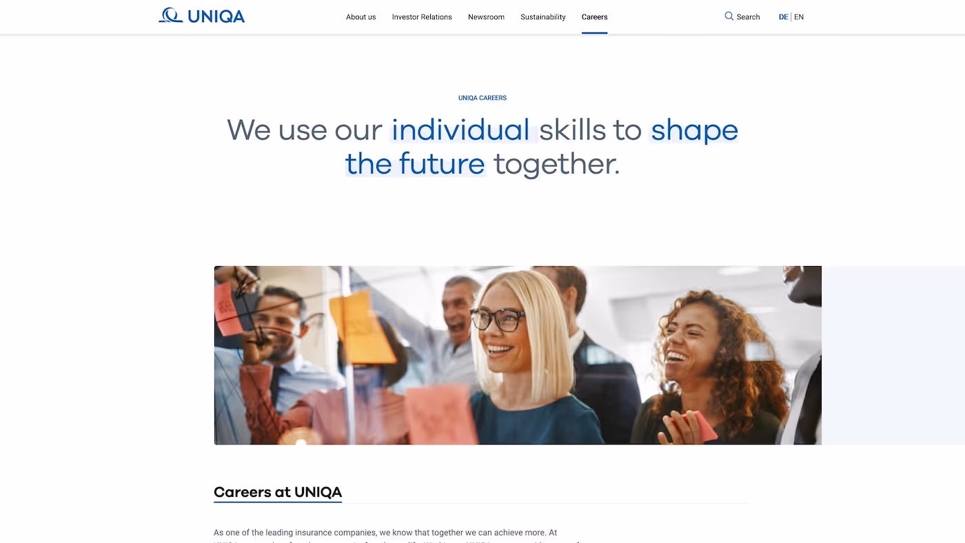 Screenshot of the official career page of Uniqa Insurance Group