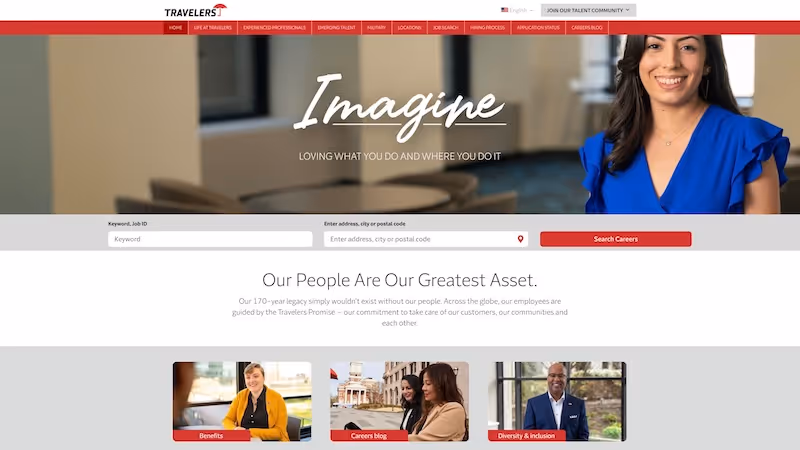 Screenshot of the official career page of Travelers