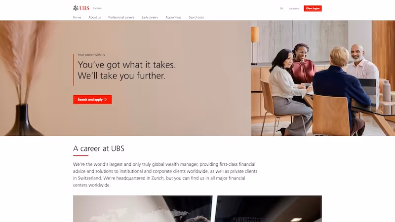 Screenshot of the official career page of UBS Group