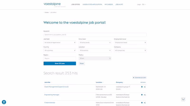 Screenshot of the official career page of voestalpine