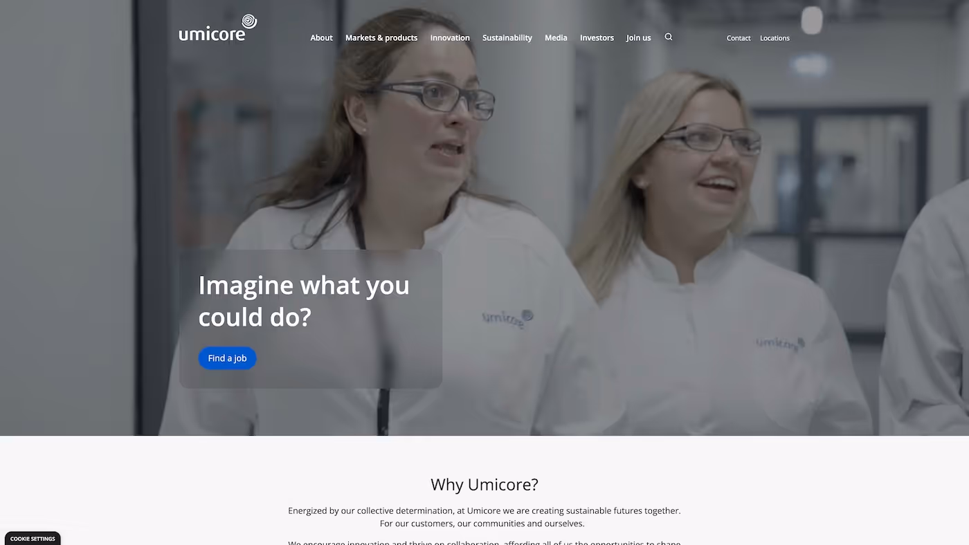 Screenshot of the official career page of Umicore