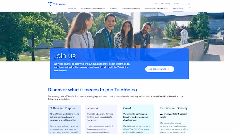 Screenshot of the official career page of Telefónica