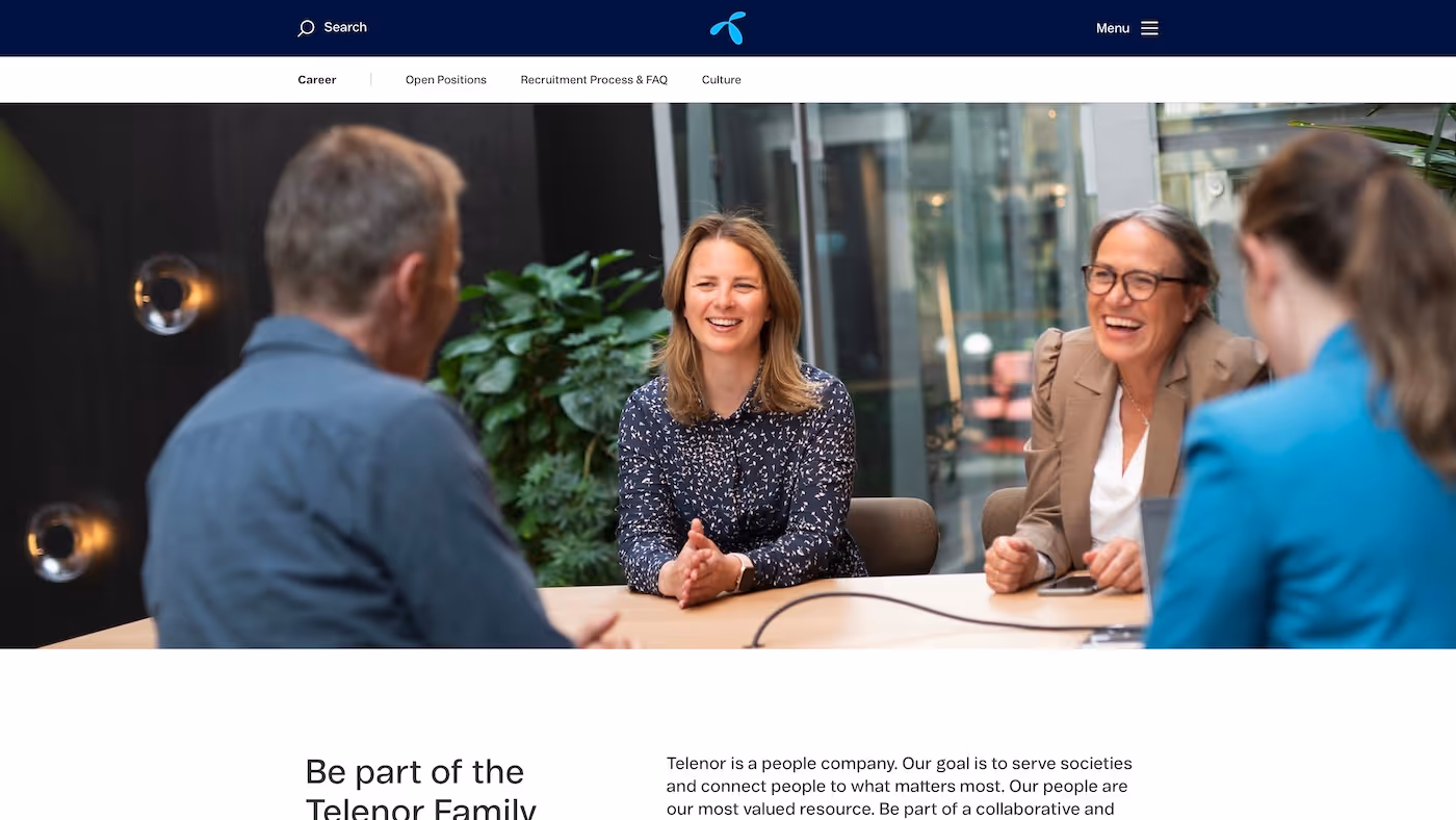 Screenshot of the official career page of Telenor