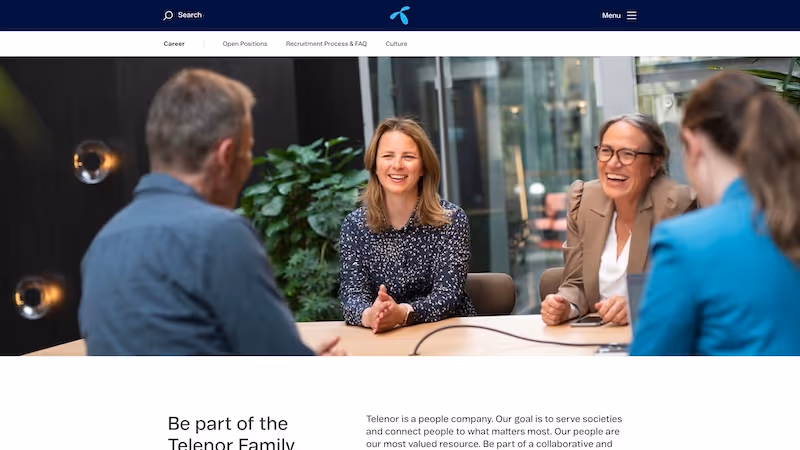 Screenshot of the official career page of Telenor
