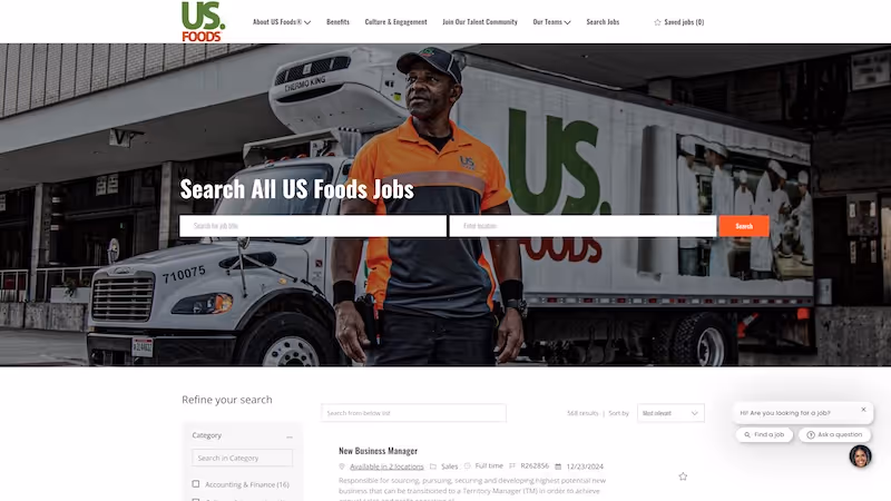 Screenshot of the official career page of US Foods