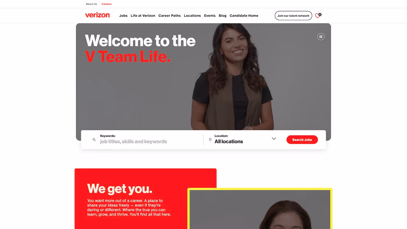 Screenshot of the official career page of Verizon Communications
