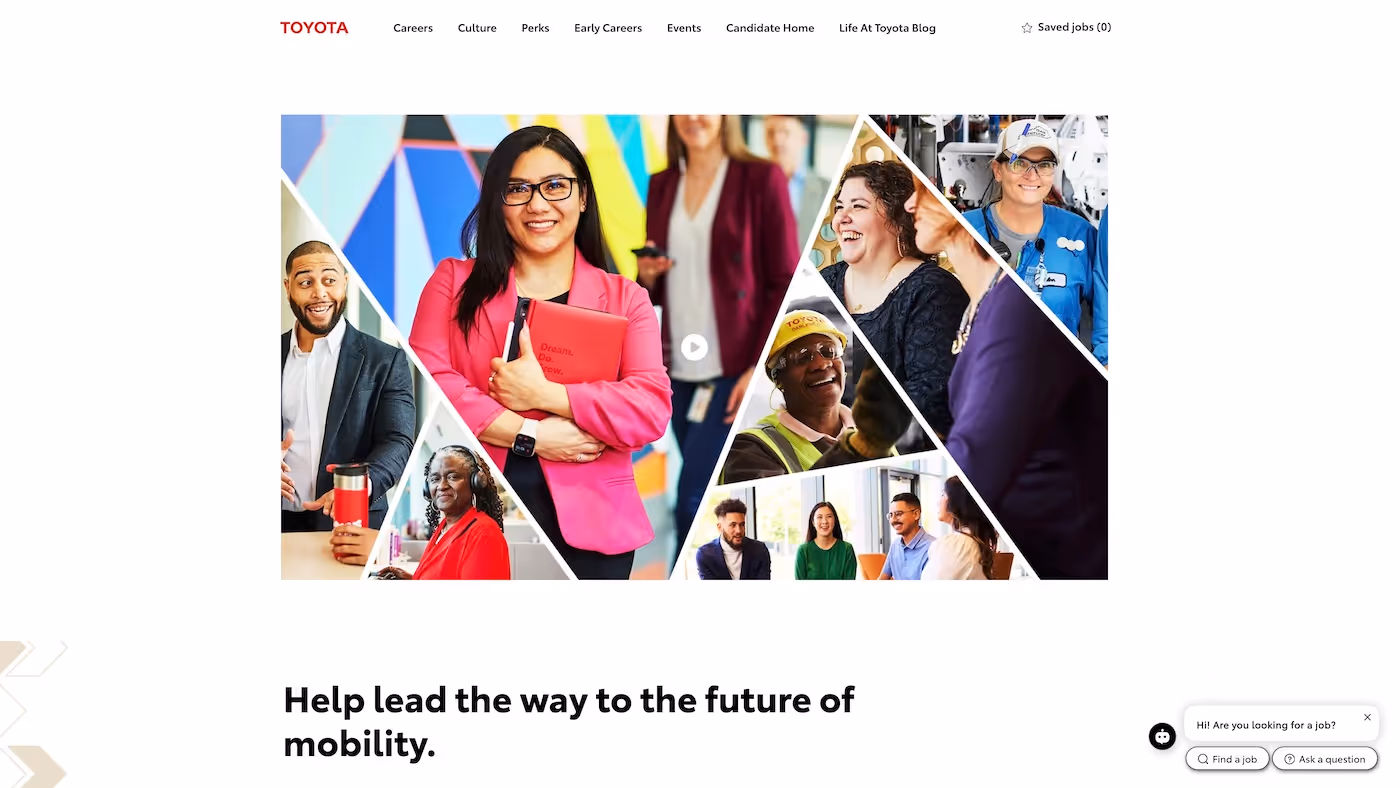 Screenshot of the official career page of Toyota Motor