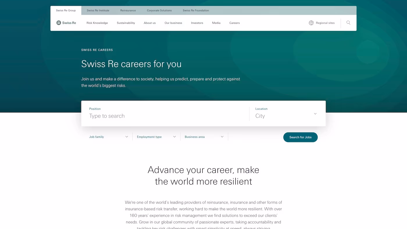 Screenshot of the official career page of Swiss Re
