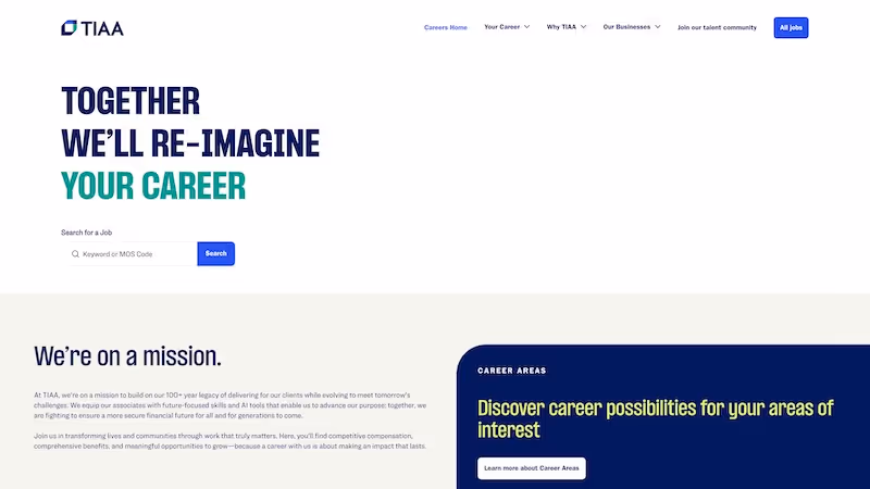 Screenshot of the official career page of TIAA