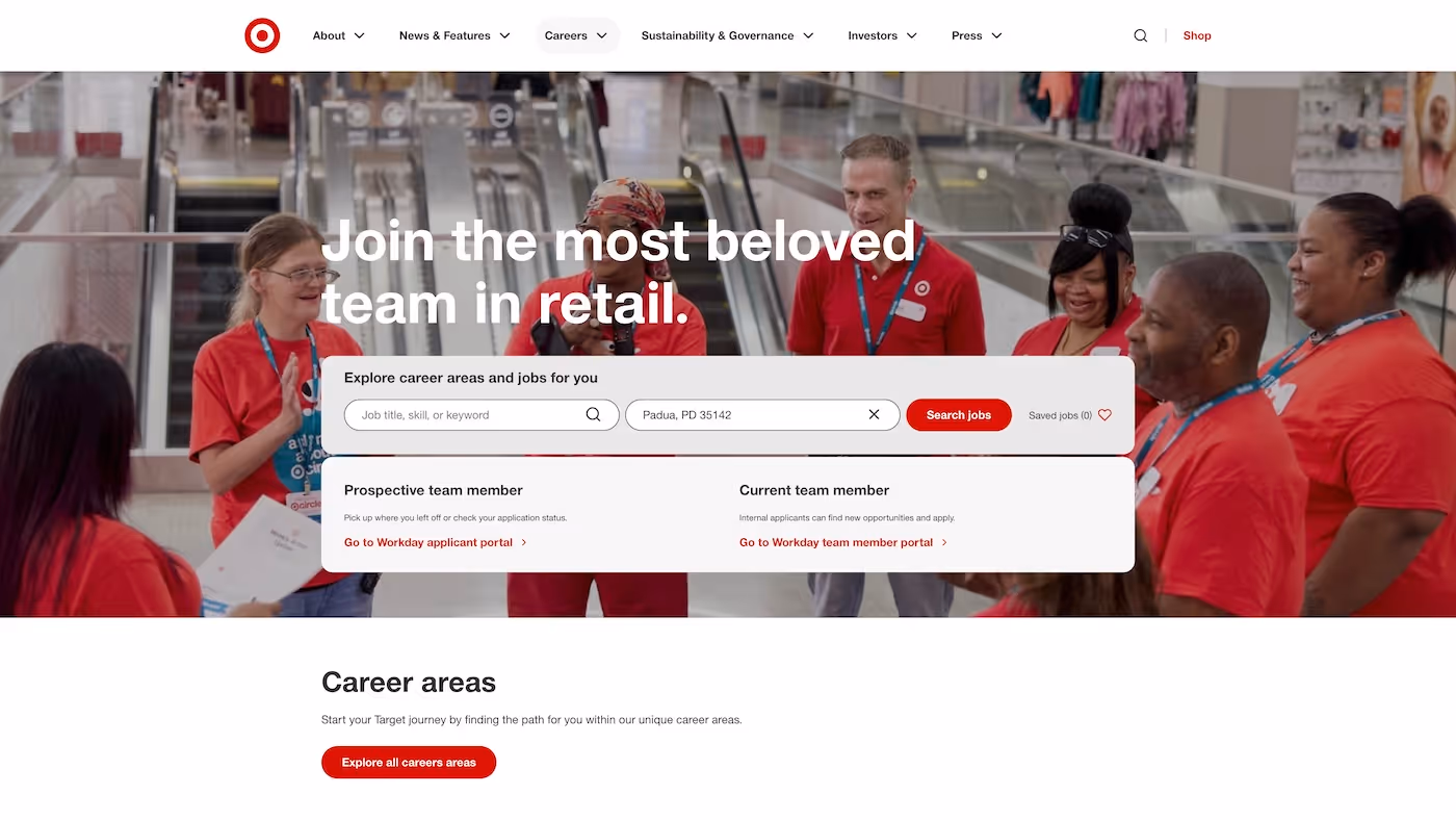 Screenshot of the official career page of Target