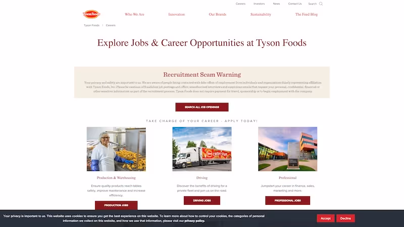 Screenshot of the official career page of Tyson Foods