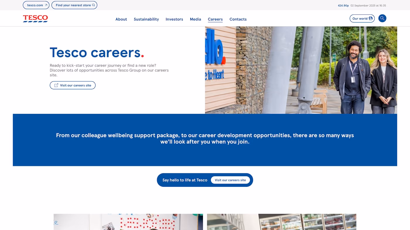 Screenshot of the official career page of Tesco