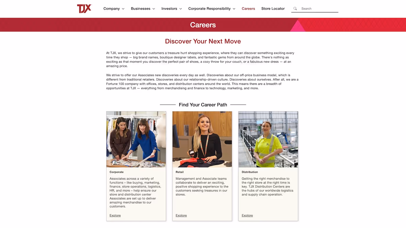 Screenshot of the official career page of TJX