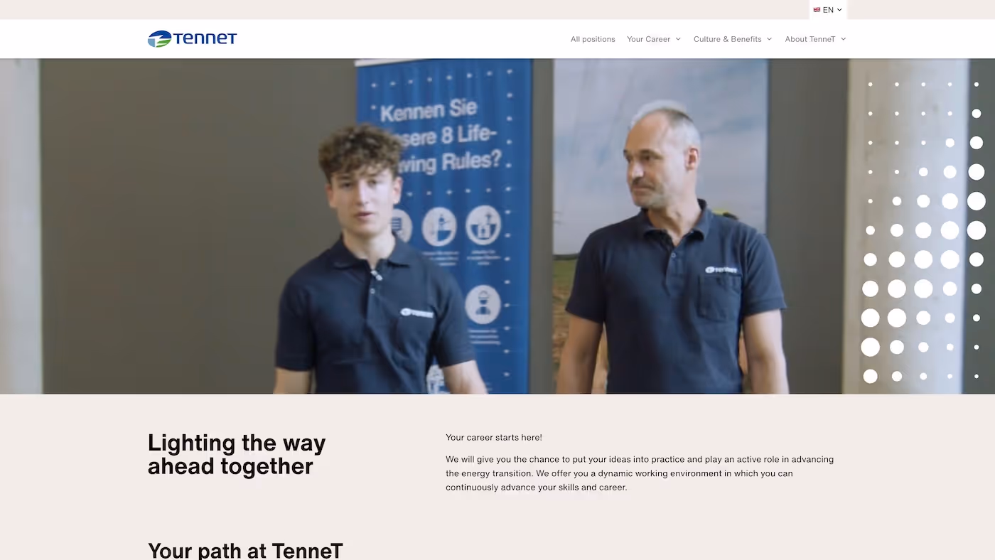 Screenshot of the official career page of Tennet Holding