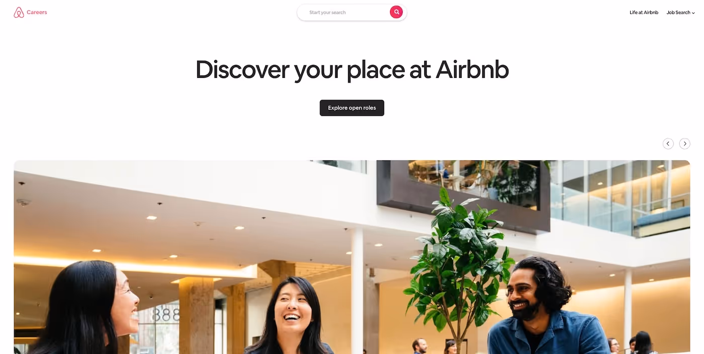 Screenshot of the official career page of Airbnb