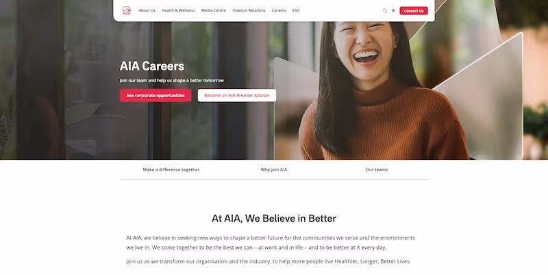 Screenshot of the official career page of AIA Group
