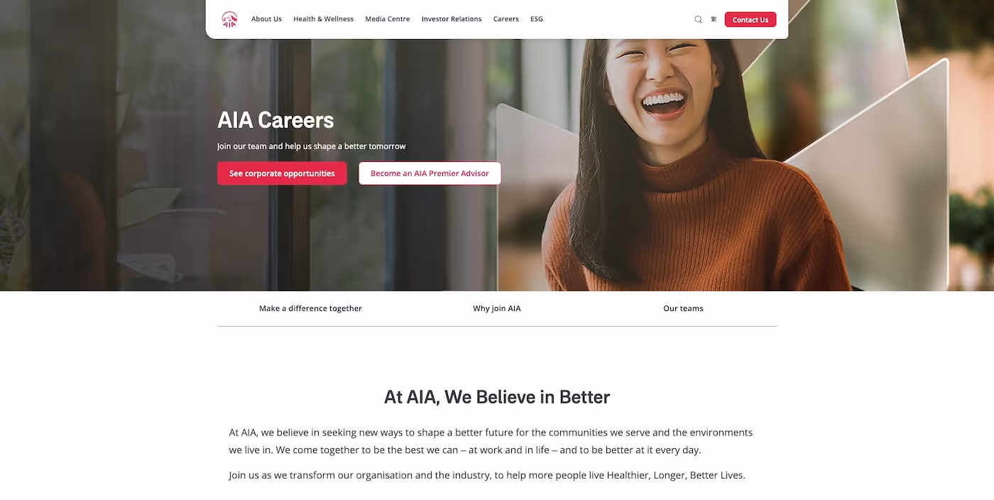 Screenshot of the official career page of AIA Group