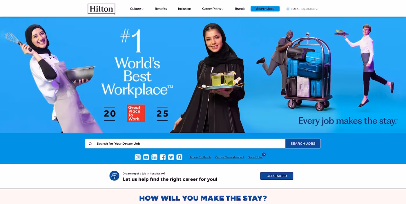 Screenshot of the official career page of Hilton