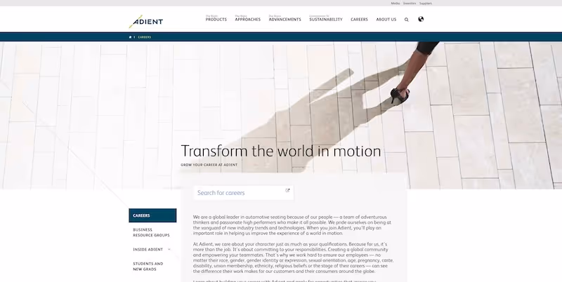 Screenshot of the official career page of Adient