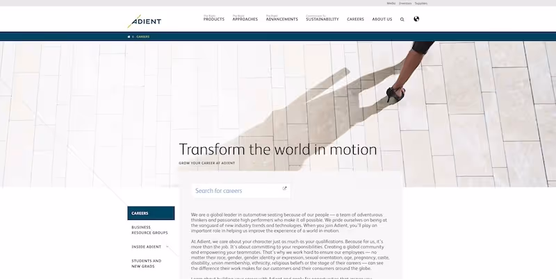 Screenshot of the official career page of Adient