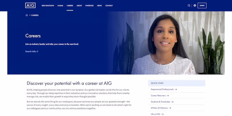 Screenshot of the official career page of AIG
