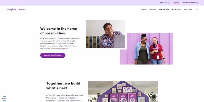 Screenshot of the official career page of Wayfair