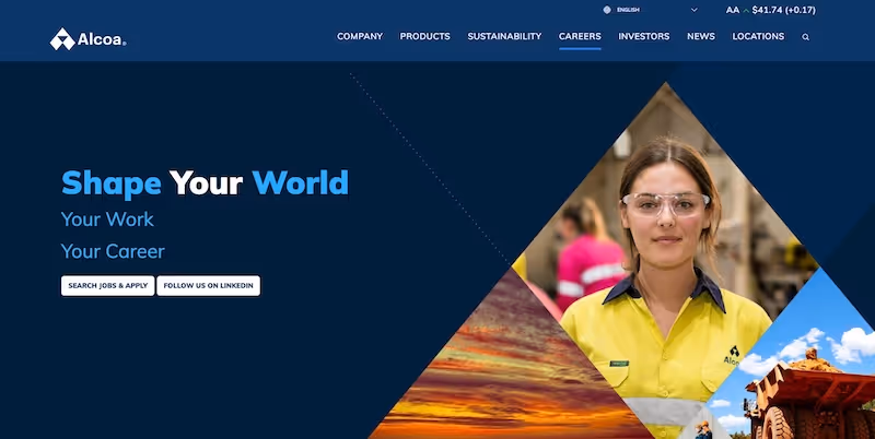 Screenshot of the official career page of Alcoa