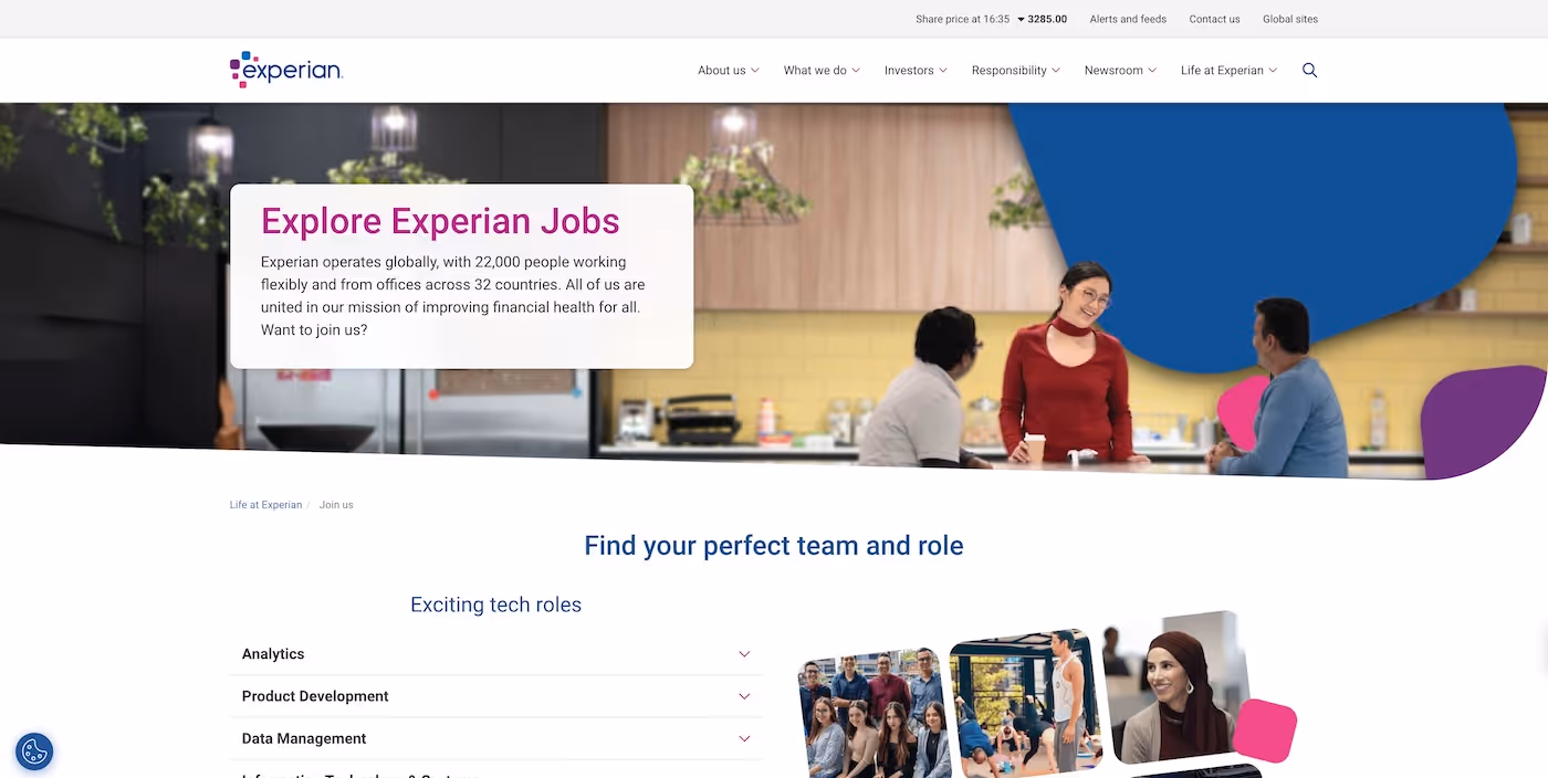 Screenshot of the official career page of Experian
