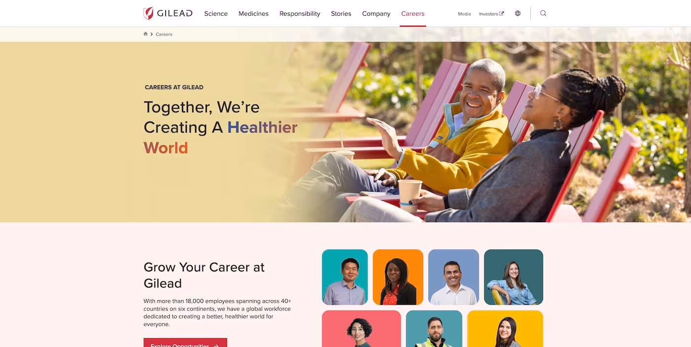 Screenshot of the official career page of Gilead Sciences