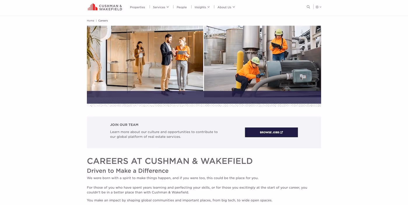 Screenshot of the official career page of Cushman & Wakefield